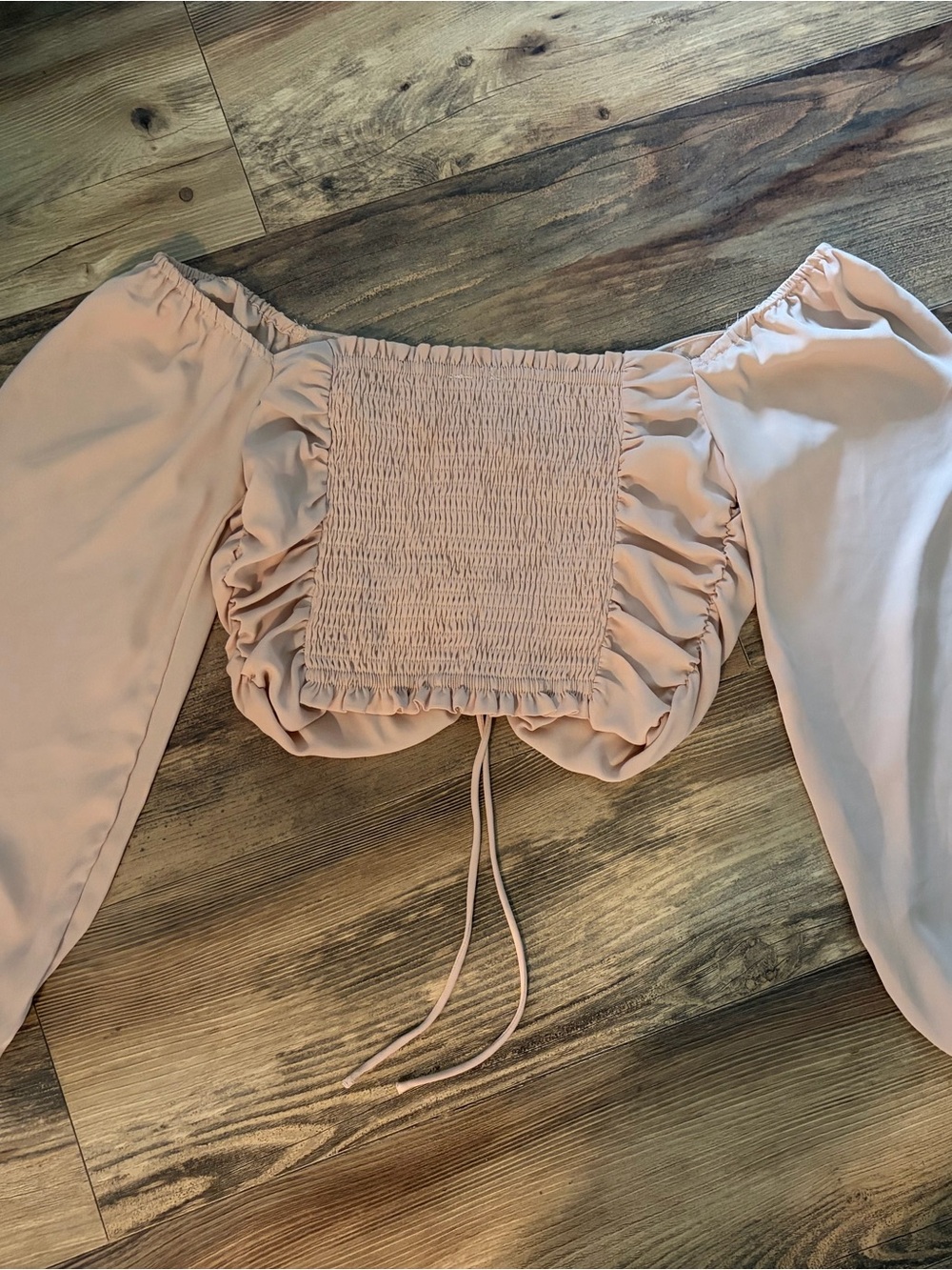 Style Rack Dusty Peach Off-Shoulder Ruched Drawstring Crop Top - Picture 2 of 2